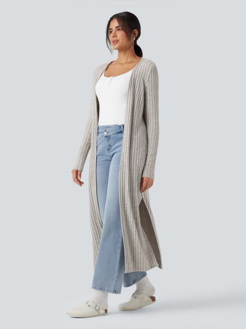 HALARA Ribbed Knit Long Sleeve Split Casual Longline Duster Coat - size Small